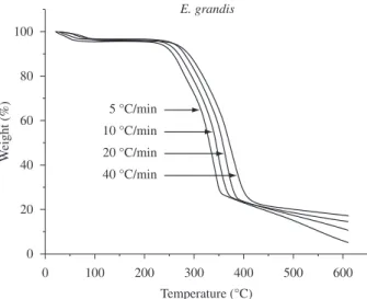 Figure 1. Thermal decomposition of the wood samples studied.