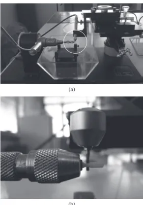 Figure 1. a) Micro-Specimen Former device used to trim dumbbell-shaped  specimens.  b)  High  magnification  of  the  region  indicated  by  a  circle  in  Figure  1a  showing  the  cylindrical  super  fine  diamond  bur  mounted  on  a  high-speed handpie
