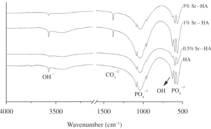 Figure 2. FTOR spectrum of pure HA and strontium-doped hydroxyapatites  at different concentrations.