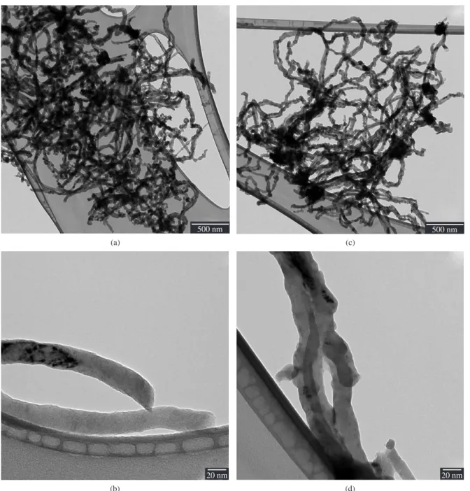 Figure 4. TEM images of catalyzed materials using SBR using: 17% of O 2  (a and b) and 19% of O 2  (c and d).