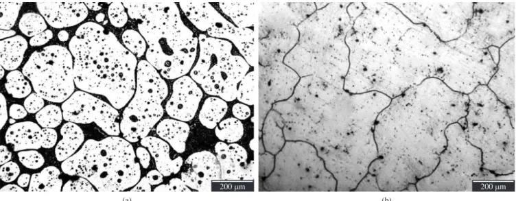 Figure 7. Microstructures of the unreined AZ91D alloys after being: a) heated for 30 minutes at 580 °C; and b) solutionized for 8 hours at 420 °C.