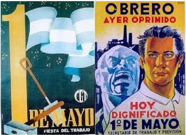 Fig. 03: Commemorative posters of the May Day Festival | Posters commemorating Labour Day |  Cartazes comemorativos do Dia do Trabalho. (Graphic mosaic prepared by the author. Courtesy  of  the Graphic Archive of  the Juan  Domingo Perón National Institute