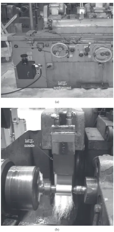 Figure 1. a) MQL equipment (Accu-Lube) fixed to the grinding machine,  where the lubricant dosage and air flow rate adjustment are carried out; and  b) setup showing the location of nozzle relative to the grinding wheel and  workpiece.
