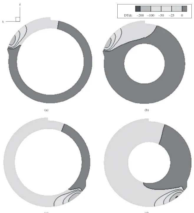 Figure 8. Predicted temporal and spatial distributions of cooling rates for 1.0 kJ.mm –1  heat input and its effect on 10 and 25 mm workpiece thickness (°C/s)  for same time steps.