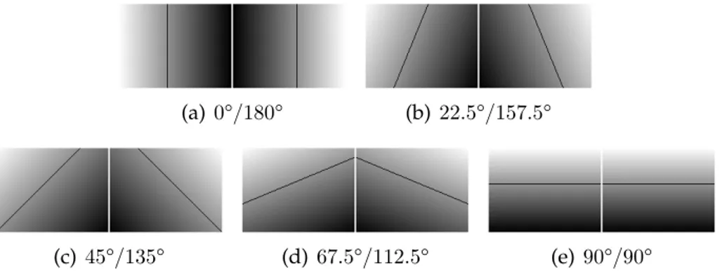 Figure 3.8: Examples of projected lines in I PDW for the Adapted Hough Space. Each image represents all ρ values, and for θ: (a) 0°/180°, (b) 22.5°/157.5°, (c) 45°/135°, (d) 67.5 ° /112.5 °, and (e) 90 ° /90 °.