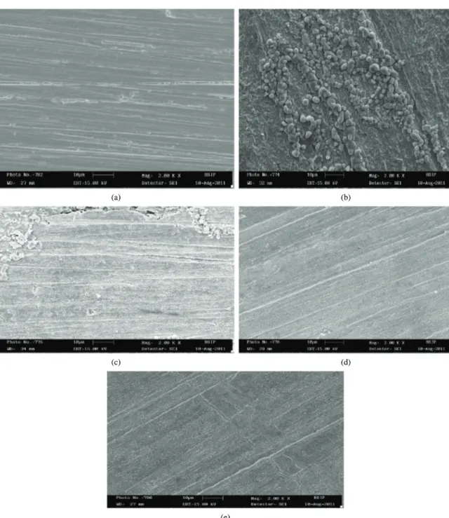 Figure 8. Morphological study of mild steel sample a) Polished, b) dipped in 20% formic acid, c) dipped in 20% formic acid containing  5 × 10 –4 BDAB, d) dipped in 20% formic acid containing 5 × 10 –4 PDAB, e) dipped in 20% formic acid containing 5 × 10 –4