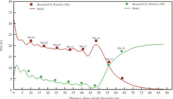 Figure 6. Gas composition measurements and model predictions for wind boxes along the strand.