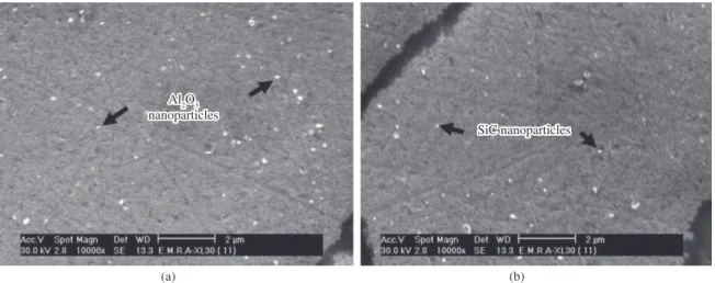 Figure 4. SEM micrographs of a) Al/3 vol.% Al 2 O 3  (60 nm) and b) Al/3 vol.% SiC (200 nm) nanocomposites.