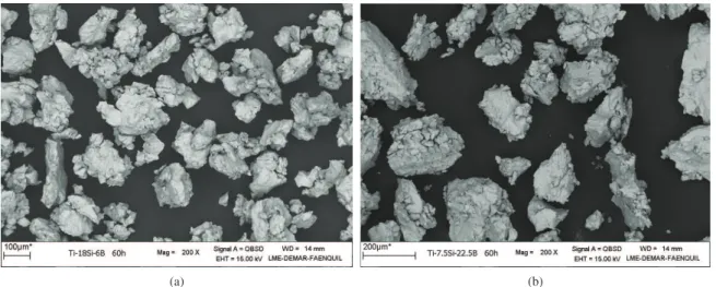 Figure 7. SEM image showing the morphology of Ti-7.5Si-22.5B  powders after 100 hours milling (MR2)