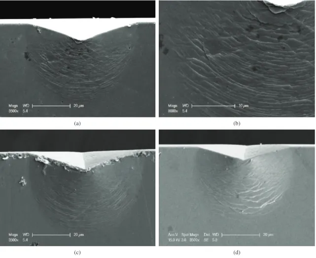 Figure 4. Morphology of shear band patterns underneath indents after indentation with the bonded interface technique: (a) as-cast BMG,  (b) higher magnification image of (a), (c) C 4+  ion irradiated BMG, (d) Cl 4+  ion irradiated BMG.