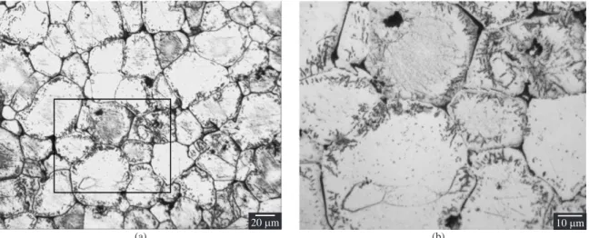 Figure 2. As-deposited microstructure analyzed with optical microscopy (a) with detail from the black box in (b) showing segregation  in grain boundaries
