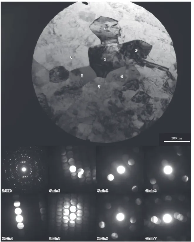 Figure 6. BF TEM micrograph taken from transversal section, where some ultrafine grains were selected by smaller SAED aperture