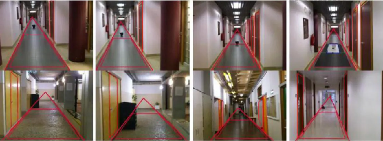 Fig. 2. Top: path, obstacle and doors detected along a corridor. Bottom: more examples in other corridors