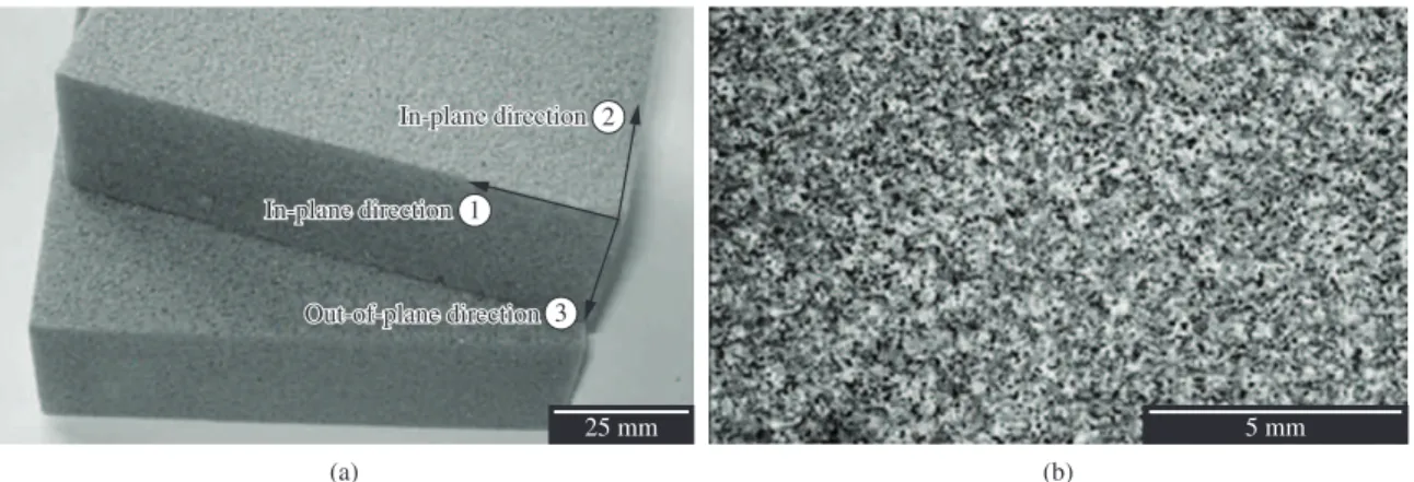 Figure 1. Divinycell H60 foam: a) Adopted index system and orthotropic planes; and b) Texture in grayscale levels applied to a test  specimen for the DIC technique.