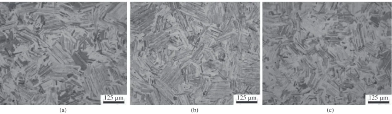 Figure 4. Microstructures of the alloy after different cooling rate a) 5 °C/min; b) 10 °C/min; c) 50 °C/min.