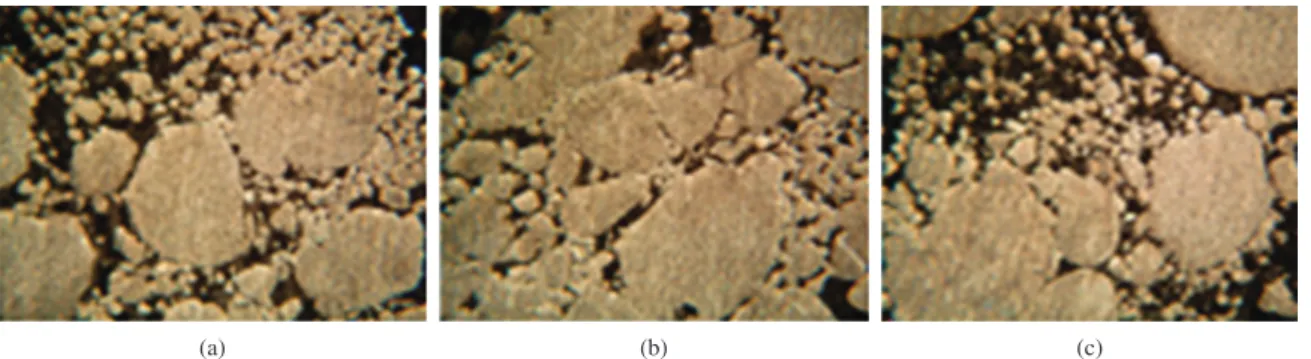 Figure 11. Microstructure of AL-2 powder blended at a) 0; b) 10; and c) 60 minutes.