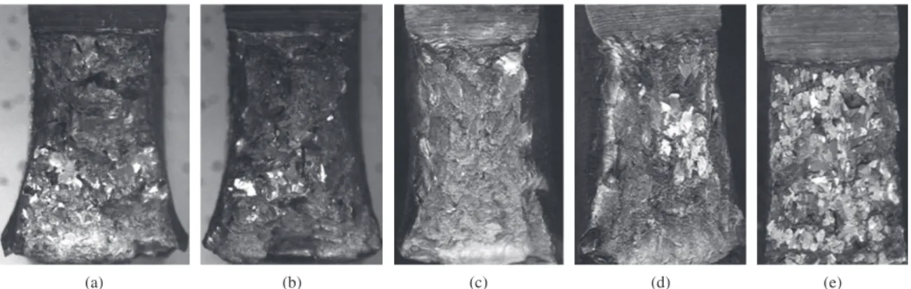Figure 5. Appearance of the fracture of Charpy-V specimens (60 °C); a) (17Cr5Mo); b) (15Cr5Mo); c) (9Cr5Mo); d) (9Cr7Mo); 
