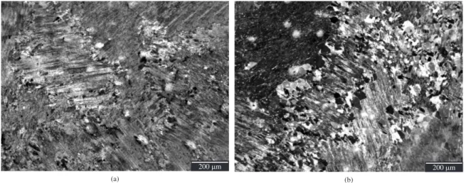Figure 2. Microstructure of the as-received condition, which shows the lamellar and equiaxed structure of: a) Ti-46Al-4Nb-2Mo, and  b) Ti-46Al-4Nb-2Cr.