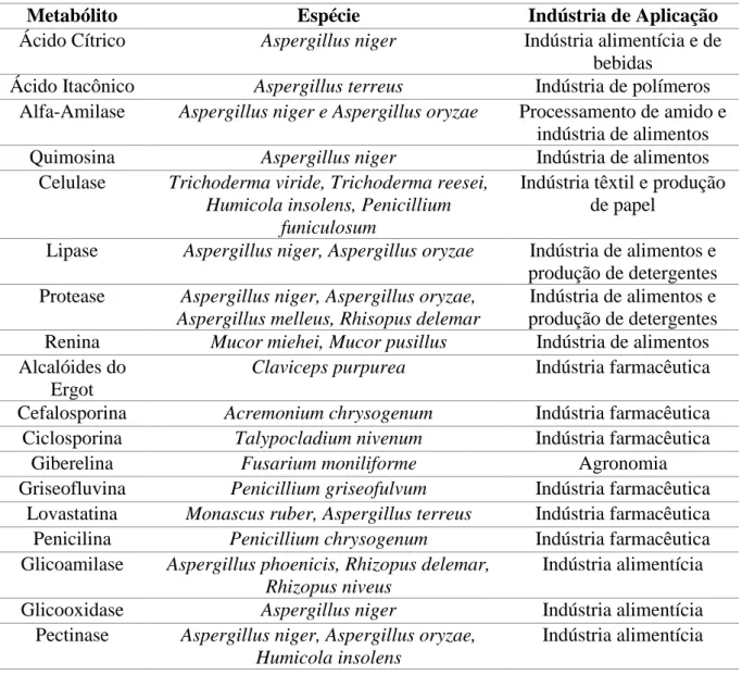 Tabela  1  Relação  de  metabólitos  e  as  espécies  fúngicas  que  os  produzem  e  em  qual  indústria  são  aplicadas  (BENNETT, 1998; JIANG; AN, 2000; MEYER, 2008)