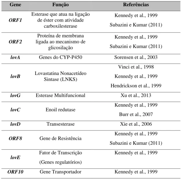 Tabela 2 Genes que compõem o cluster envolvido na produção de lovastatina e suas funções