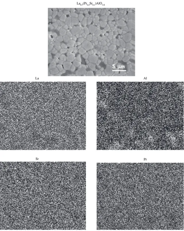 Figure 4. X-ray mapping of constituent ions and SE image of La 0.7 (Pr 0.2 Sr 0.1 )AlO 3- δ  sintered at 1600 °C/6h.