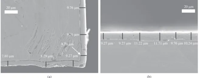 Figure 1. SEM micrographs of sample nitrided at 450 °C, for 5 h (a) near the edge, (b) in the central region.
