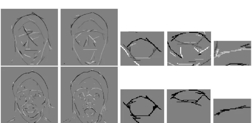 Fig. 4. First two columns: coarse scale λ = 23 (top) and ﬁne scale λ = 10 (bottom) of a person with closed and open mouth