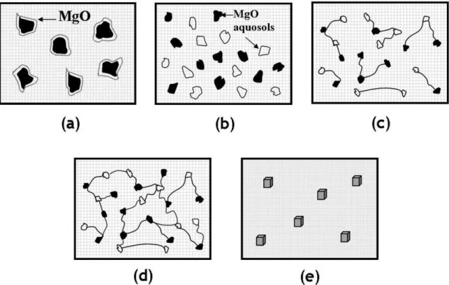 Figure 1. Pictorial representation of the formation of CBPCs: (a) Dissolution of oxides (b) formation of aquosols (c) acid-base reaction  and condensation (d) percolation and formation of gel (e) crystallization and saturation of gel into a ceramic 2 .