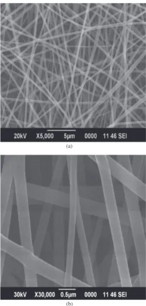 Figure 3. Scanning electron micrograph of electrospun PVA/SiO 2 nano fibers at different magnifications (5 µm and 0.5 µm).