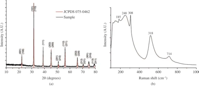Figure 1. a) X-ray diffraction pattern of the synthesized BT powder, and b) corresponding Raman spectrum.