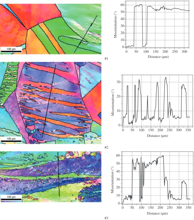 Figure 5. 3D view of the microhardness map of partially-pressed  aluminum: the line indicates the intersections where the inverse  pole figure maps acquired.