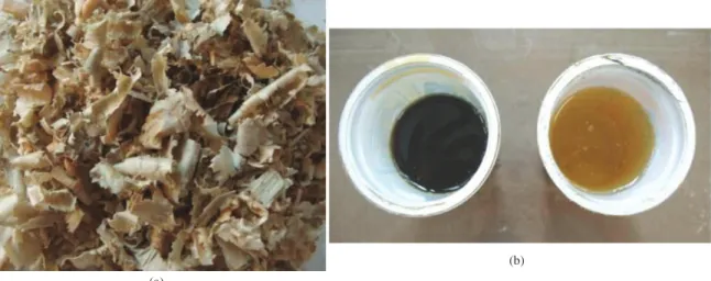 Figure 1. CCB treated Pinus sp. residues (a) two-component castor oil based polyurethane resin (b).