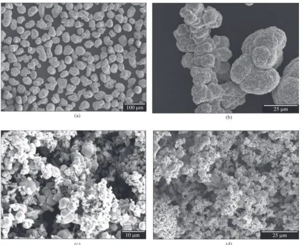Figure 6. Scanning electron micrographs obtained for Ni powder (a and b) and Mo (c), before the homogenization and milling process
