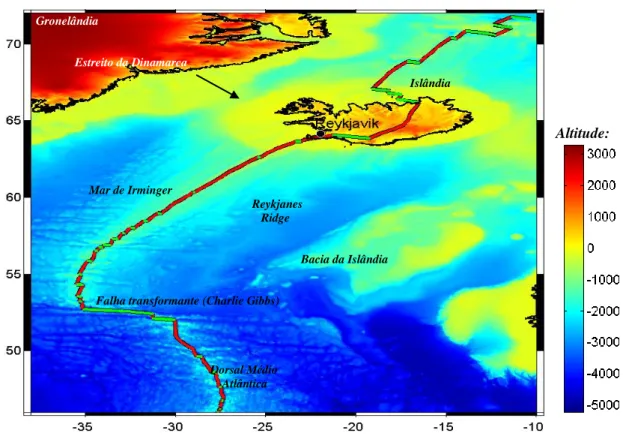 Figura 2.13 – Atual Batimetria e topografia da segunda região em estudo, nomeadamente, do Mar de Irminger e  Bacia da Islândia, (figura realizada com o software mirone)
