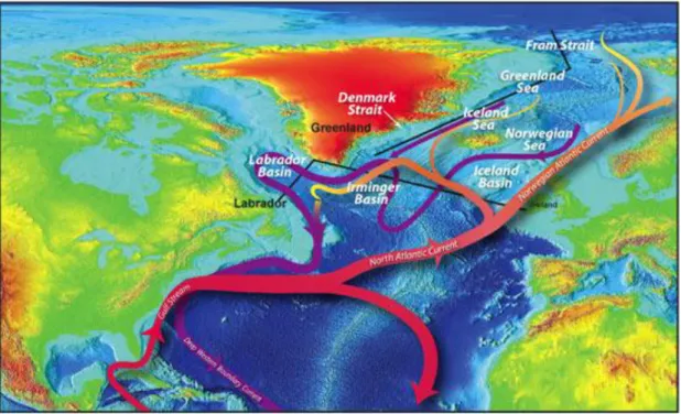 Figura  2.14  –  Circulação  termohalina  no  Atlântico  Norte.  Ilustração  por  Jack  Cook,  Wood  Hole