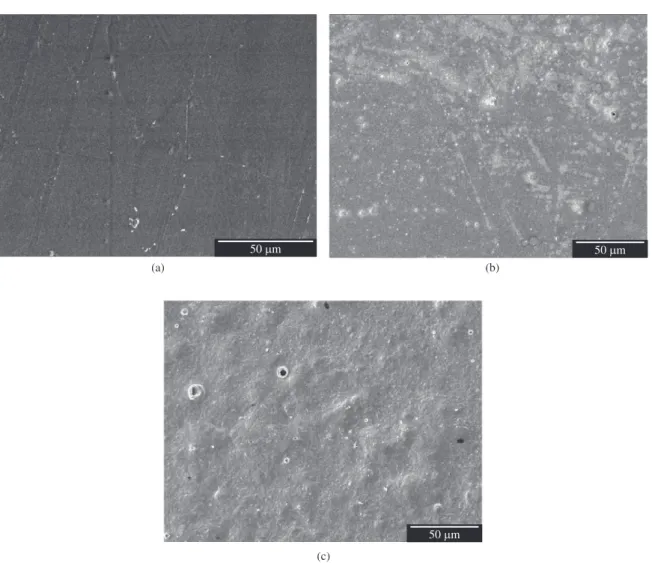 Figure 2. Electron Micrographs of surfaces of PLDLA membranes submitted to different degradation periods a) t = 0 weeks; b) t = 4 weeks  and c) 12 weeks.