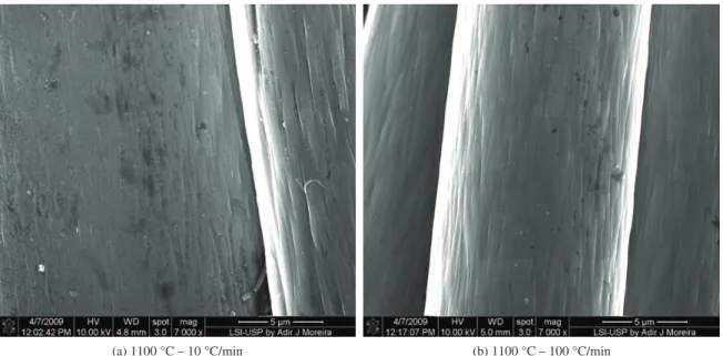Figura 9. SEM surface micrographs of fibers heat treated using a) 900 °C-10 °C/min; b) 950 °C-100 °C/min.