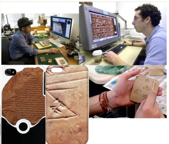 Figura 10: Acima: Matthew Stolper, professor do Oriental Institute, University of Chicago, examina  um  tablet  Persa (esq)  e  o acadêmico  Jeffrey Szuchman estuda a  versão  digital  de  um tablet da  Babilônia (dir). Abaixo: ressignifcações a partir de 