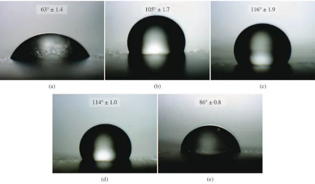 Figure 3. Contact angle measurements by the sessile drop method for the different pre-treatments: (a) BR, (b) CHT, (c)AFZ, (d) AHFZ  and (e) ZPH.