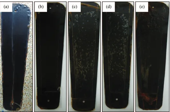 Table 5 shows the results of the evaluation of rusting  during the period of exposure to salt spray.