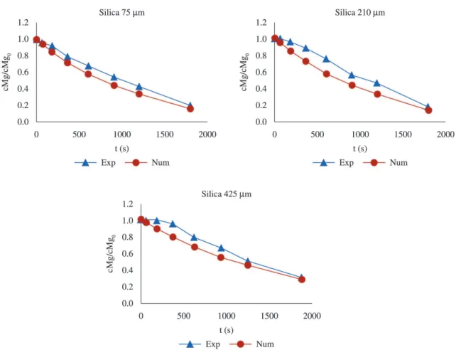 Figure 10. Experimental and simulated evolution of the dimensionless concentration as a function of time