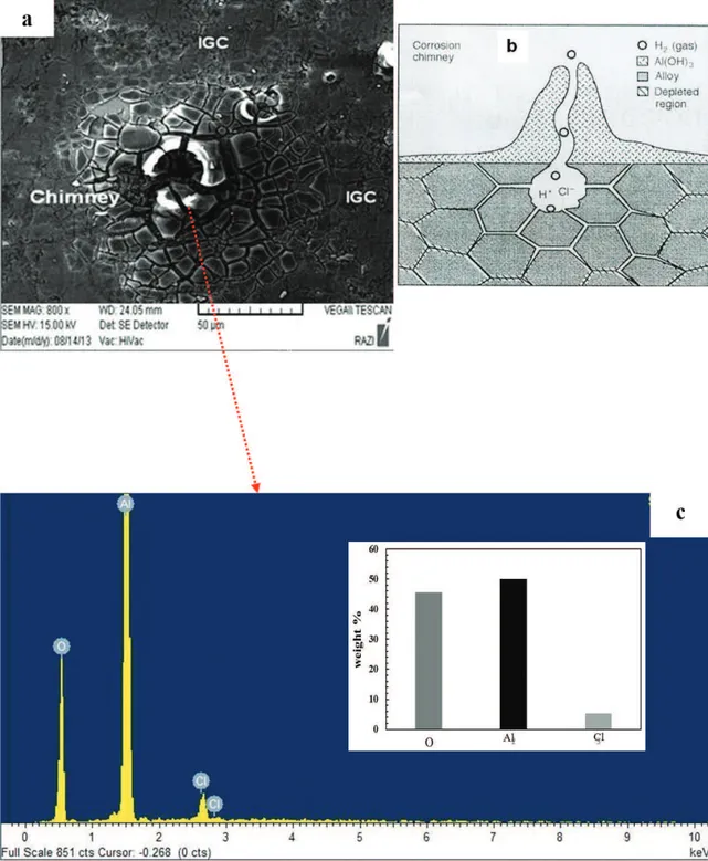 Figure 6. (a) Corrosion chimney in the top of WNZ at FSLW 2, (b) cross section of corrosion chimney 24 , (c) EDX of corrosion products.