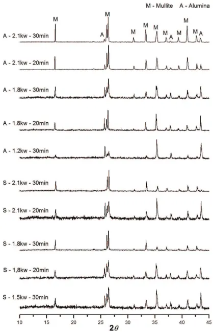 Figure 2 depicts the X-ray diffraction patterns of sintered  compacts. After 20 min of sintering, the only crystalline  phases detected in the samples were mullite and alumina