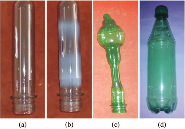 Figure 2. DSC scans of PET and PS, before blending (a); DSC scan of PET bottle after blowing (b).