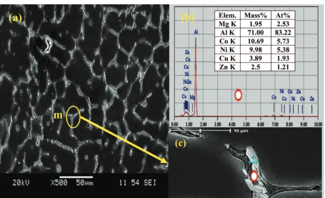 Figure 11. The (a) SEM micrograph and (b) EDX scan analysis of the alloy1 sample after having undergone RRA process.