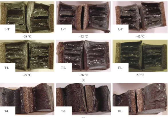 Figure 9. Fractured surfaces from the L-T and T-L orientation showing characteristic of delamination: a) crack-divider type; and b) crack- crack-arrester type.