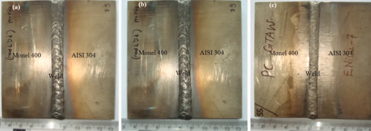 Figure 1. Dissimilar welds of Monel 400 and AISI 304using (a) ER309L (b) ERNiCu-7 (c) ERNiCrFe-3 by PCGTAW process.