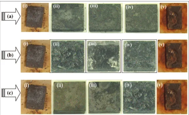 Figure 7. Macrographs of the hot corroded samples of GTA weldments employing (a) ER309L (b) ERNiCu-7 and (c) ERNiCrFe-3 filler  wires representing the zones (i) Parent metal - AISI 304 (ii) HAZ - AISI 304 (iii) Weld (iv) HAZ - Monel 400 (v) Parent metal - 