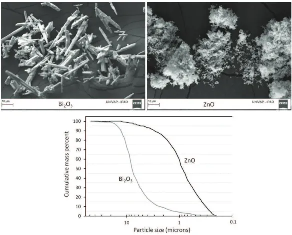 Figure 1. Characterization of radiopacifiers ZnO and Bi 2 O 3  as morphology and size distribution of particles.