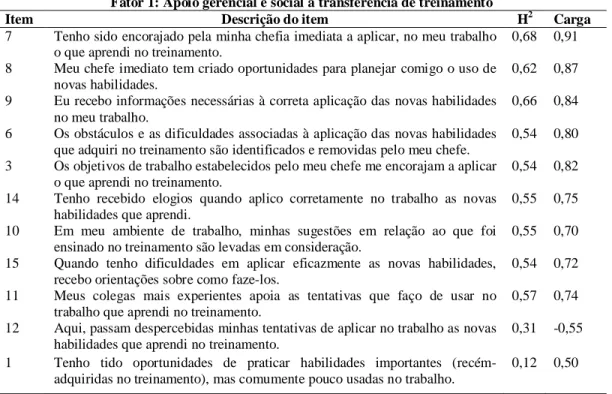 Tabela 5: estrutura empírica do instrumento de Suporte à Transferência de Treinamento